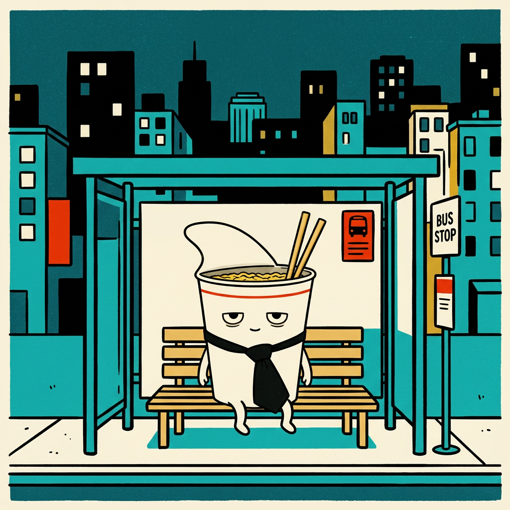 The $RAMEN character sitting alone on a bench at a city bus stop at night.