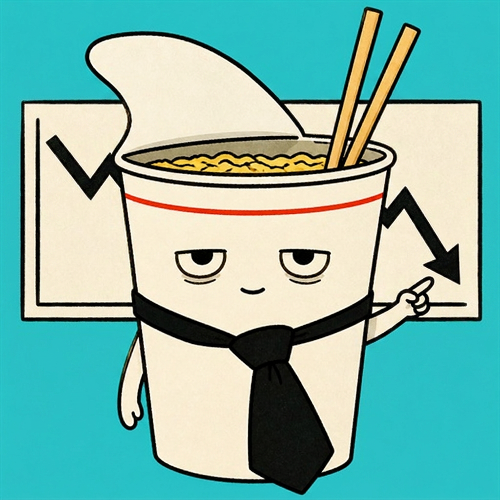 The $RAMEN character pointing at a wall chart whose line goes down.