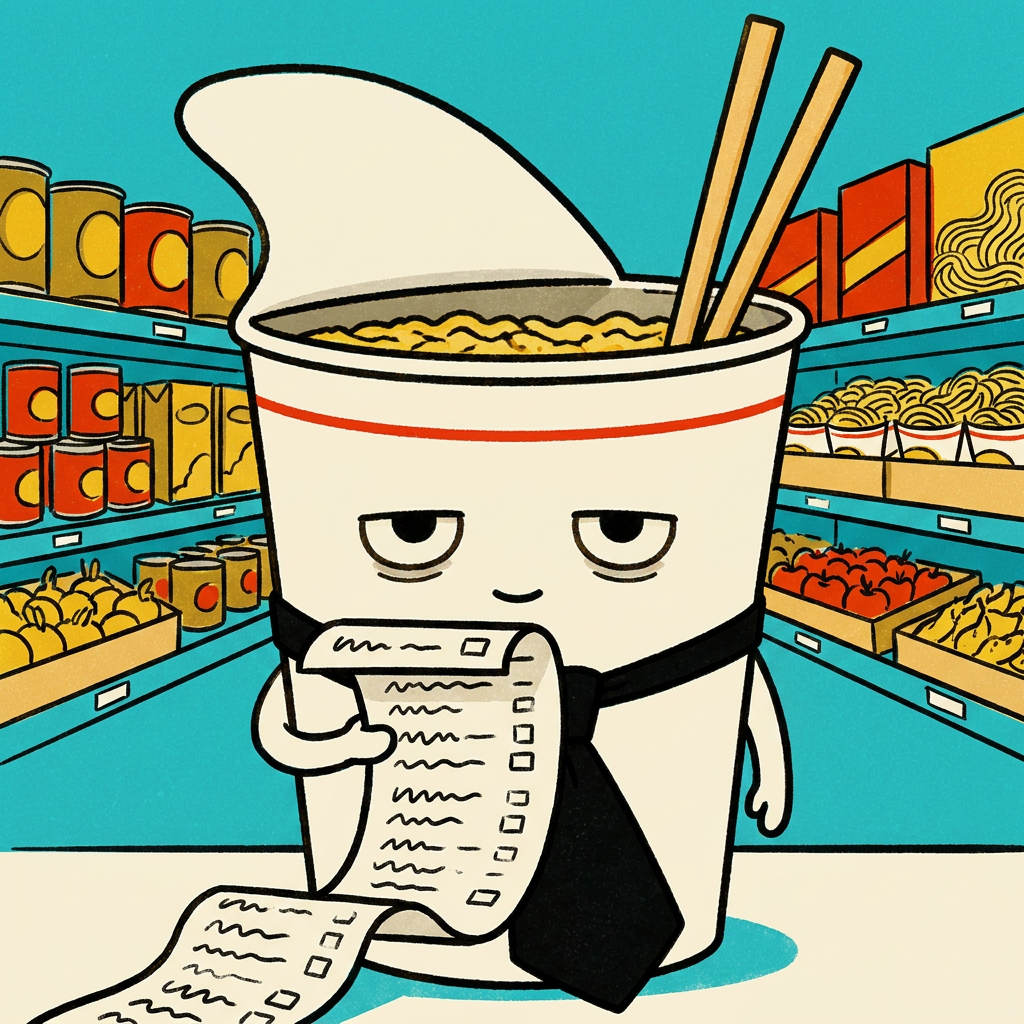 The $RAMEN character in a grocery aisle holding a long receipt.