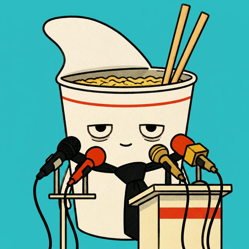 The $RAMEN character standing at a podium surrounded by microphones.